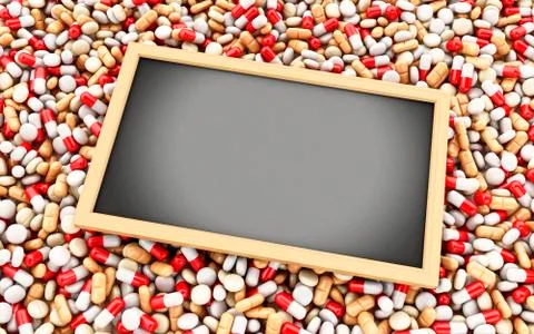3d Pills, capsules and empty blackboard Stock Illustration
