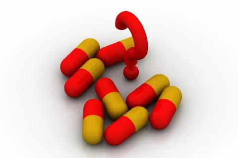3d pills with question mark Grats Stockgrafik