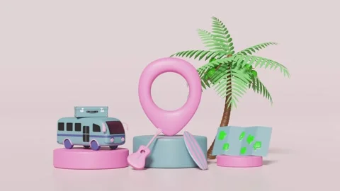 3d pin on podium with map, palms tree, tourist bus, luggage, surfboard, gui.. Stock Footage 268553910