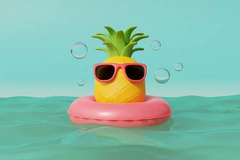 3d Pineapple wearing sunglasses with inflatable ring floating in the sea, S.. Stock Illustration