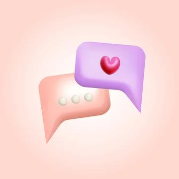 3d pink and violet bubble speeches with heart. Illustrazione stock