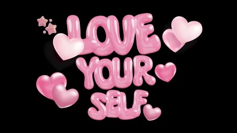 3D Pink Balloon Text Animation "Love Yourself" with Floating Hearts on Black Bac Stock Footage 323378860