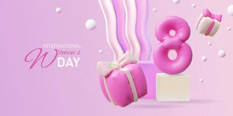 3D pink banner with inflatable gift boxes and the number 8, International Womens Stock Illustration