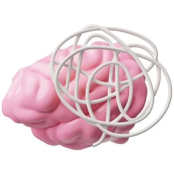 3D pink brain model with a tangled white skein. Mental health. Stock Illustration