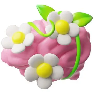 3D pink brain surrounded by daisies and green leaves. Stock Illustration