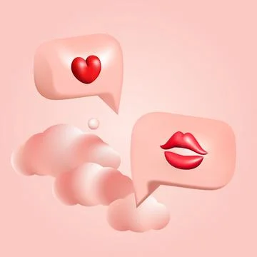 3d pink bubble speeches with heart, lips and clouds Stock Illustration