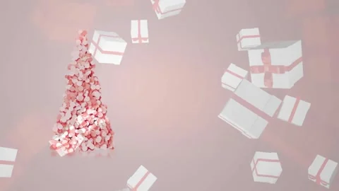 3D Pink Christmas Tree with Falling White Gift Boxes Stock Footage 335830582