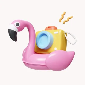 3d Pink Flamingo float and camera. summer vacation and holidays concept. icon Stock Illustration