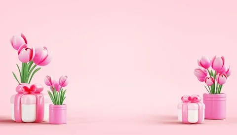 3d pink floral spring background with tulip flowers pots and gift boxes render Stock Illustration