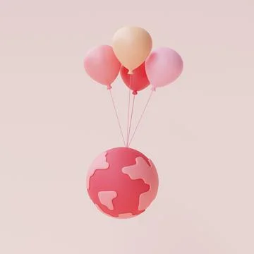 3d pink globe with balloons float Stock Illustration
