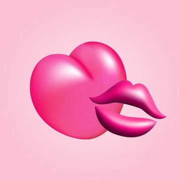 3d pink lips with heart vector illustration design. Stock Illustration