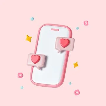 3D pink mobile phone with bubbles and hearts design of love passion romantic Stock Illustration