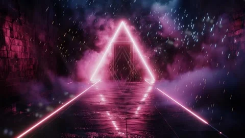 3d pink neon triangle floating in the middle of space atmosphere of synthwave Stock Footage 274562337