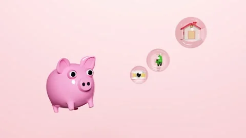 3d pink piggy bank float with money saving ideas to buy a house, car, used it Stock Footage 212380459