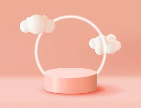 3D Pink Podium with Fluffy Cloud Background. Stock Illustration