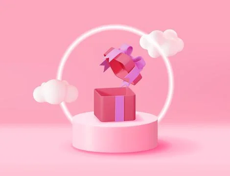 3D Pink Podium with Gift Box and Fluffy Cloud. Stock Illustration