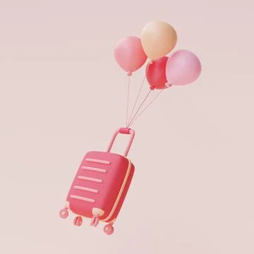 3d pink suitcase with balloons float Stock Illustration