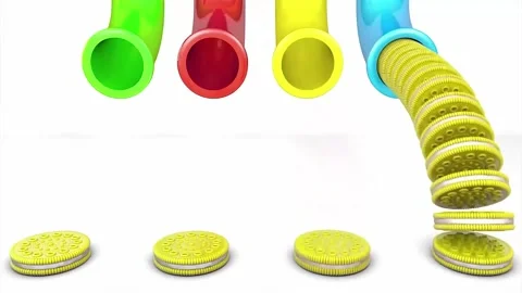 3D Pipe System Dropping Yellow Cookie Coins Animation Concept Stock Footage 332759403