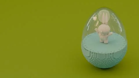 3D Pixel Style Easter Bunny Enclosed in Glass Dome on Vibrant Green Backgro.. Stock Photos