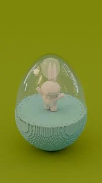 3D Pixel Style Easter Bunny Enclosed in Glass Dome on Vibrant Green Backgro.. Stock Photos