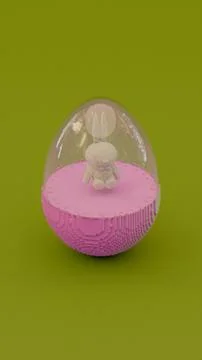 3D Pixel Style Easter Bunny Enclosed in Glass Dome on Vibrant Green Backgro.. Stock Photos