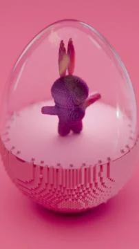 3D Pixel Style Easter Bunny Enclosed in Glass Dome on Vibrant Green Backgro.. Stock Photos
