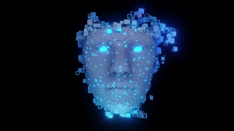 3D pixelated AI head with glowing eyes and floating cubes on dark background Stock Footage 318236708