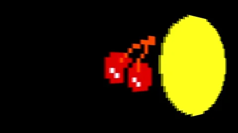 3D Pixelated Pac Man eating cherries enters RIGHT - 80s Game No FX Video stock 45604589