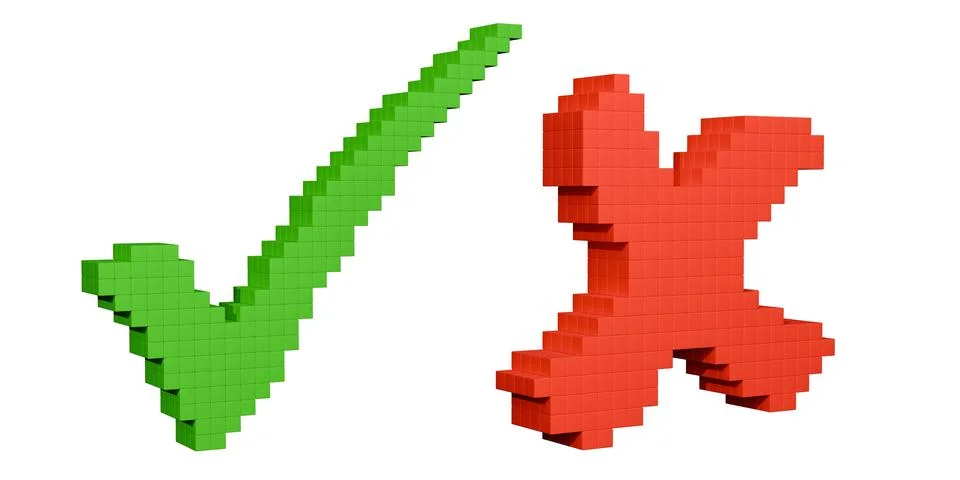 3D pixelized voxel cross and check mark isolated on white background Stock Illustration