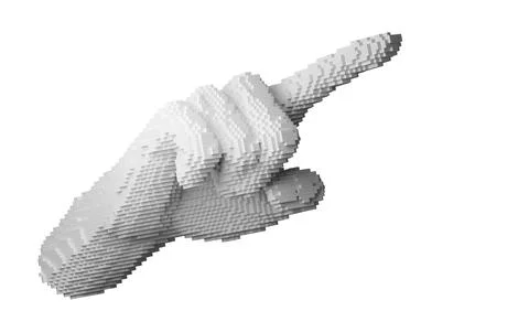3D pixelized voxel human hand pointing isolated on white background, cyber .. Stock Illustration