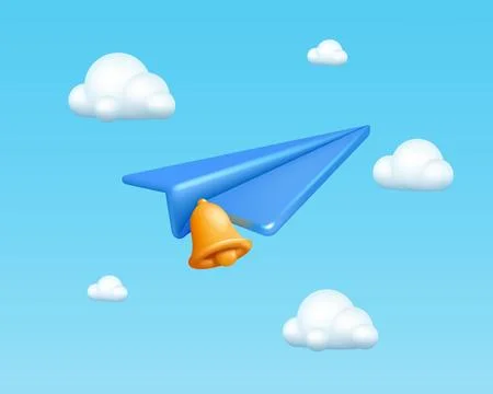 3D plane. Airplane telegram flying in clouds. Paper aviation in sky. Air Stock Illustration
