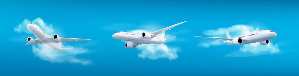 3d plane flight takeoff in sky vector concept set Stock Illustration