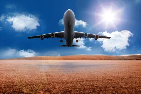 3D plane taking off over cornfield Stock Illustration