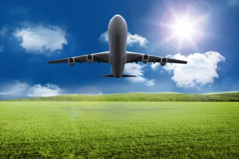 3D plane taking off over grassland Stock Illustration