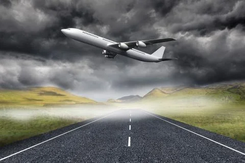 3D plane taking off over street Ilustração Stock