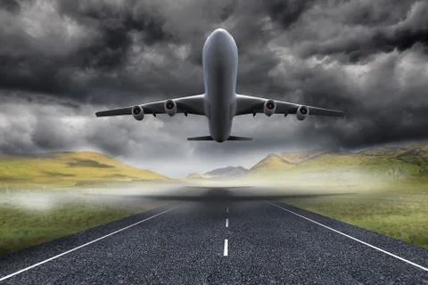 3D plane taking off over street Ilustração Stock
