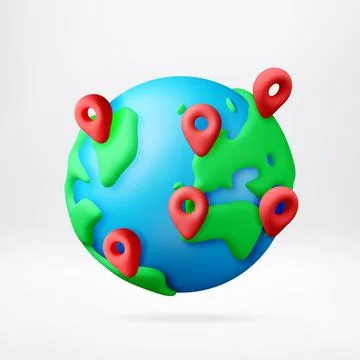 3D Planet earth with red navigation pins. 스톡 일러스트