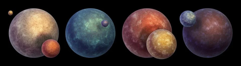 3D planet icon set, sci-fi moon space illustration, alien realistic Stock Illustration