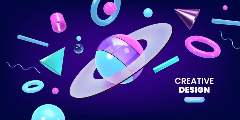 3D planet. Space tech shapes. Neon future universe with fun orbit sphere or Stock Illustration