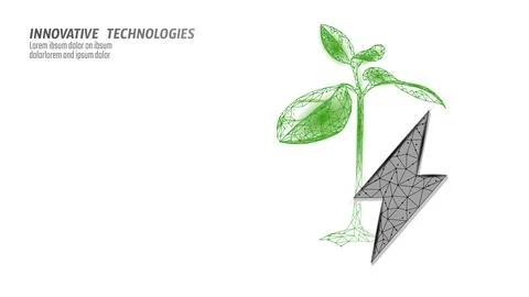 3D plant green lightning saving energy ecology concept. Polygonal light blue Stock Illustration