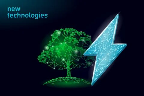 3D plant green lightning saving energy ecology concept. Polygonal light blue Stock Illustration