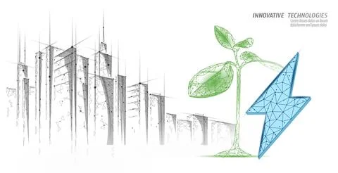 3D plant green lightning saving energy ecology concept. Polygonal light blue Illustrazione stock