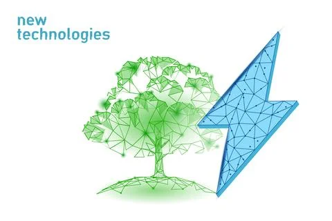 3D plant green lightning saving energy ecology concept. Polygonal light blue Stock Illustration
