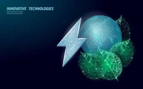 3D plant green lightning saving energy ecology concept. Polygonal light blue Stock Illustration