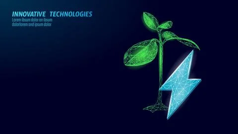 3D plant green lightning saving energy ecology concept. Polygonal light blue 스톡 일러스트