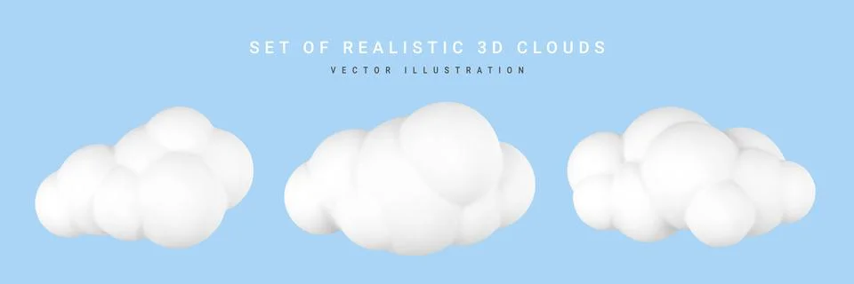 3d plastic clouds. Set of round cartoon fluffy clouds isolated on a blue back Stock Illustration
