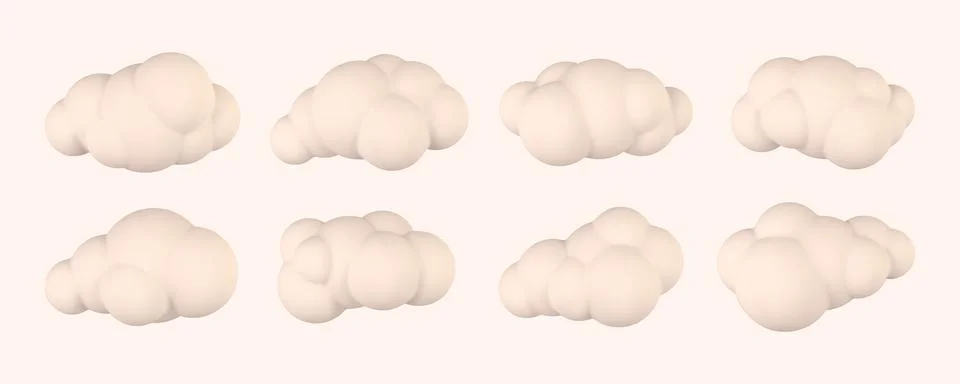 3d plastic clouds. Set of round cartoon fluffy clouds isolated on a light bac Stock Illustration