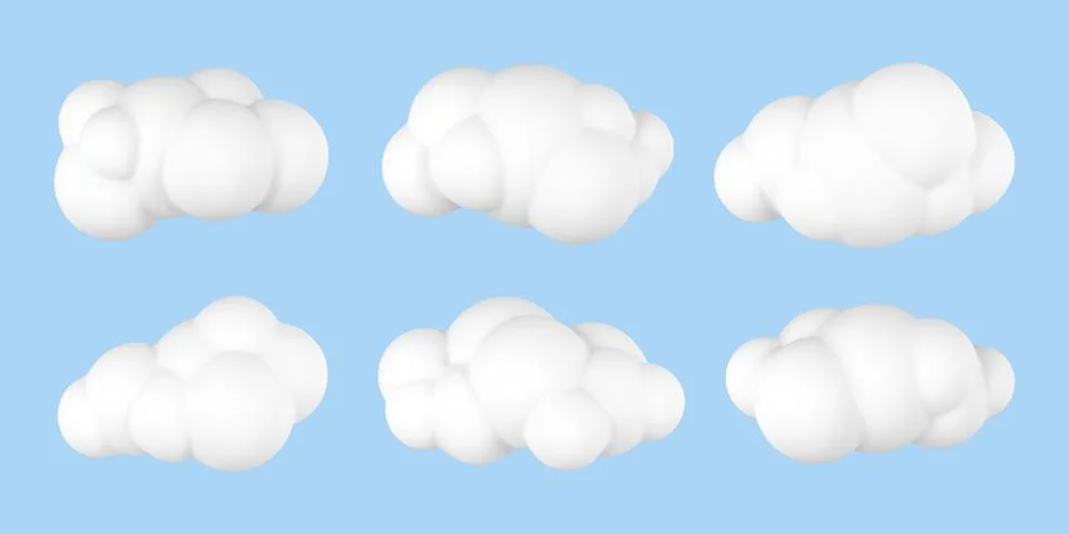 3d plastic clouds. Set of round cartoon fluffy clouds isolated on a blue back Stock Illustration