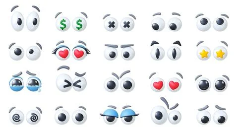 3d plastic googly eyes. Comic eye different emotions. Expression eyeballs for Illustrazione stock