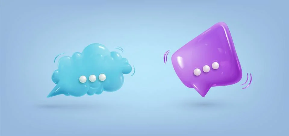 3d plastic speech bubble. Realistic set of cartoon comic glossy bubblebox. Ch Illustrazione stock